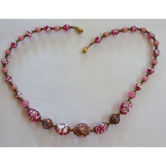 Vintage Venetian Wedding Cake Pink Opaline Murano Glass Bead Necklace 18” - Picture 5 of 6